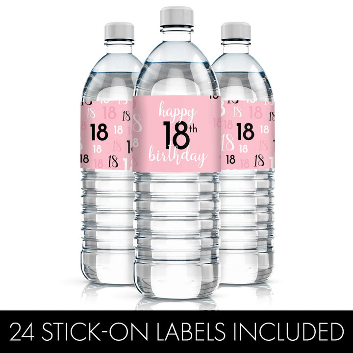 18th Birthday: Pink and Black - Adult Birthday - Water Bottle Label Stickers - 24 Waterproof Stickers - Distinctivs Party