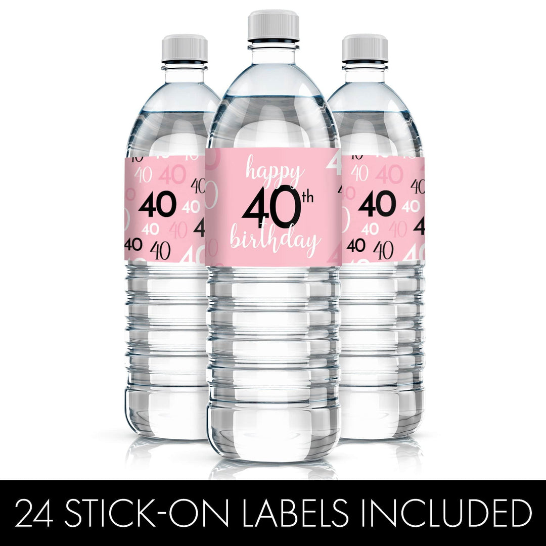 40th Birthday: Pink and Black - Adult Birthday - Water Bottle Label Stickers - 24 Waterproof Stickers - Distinctivs Party