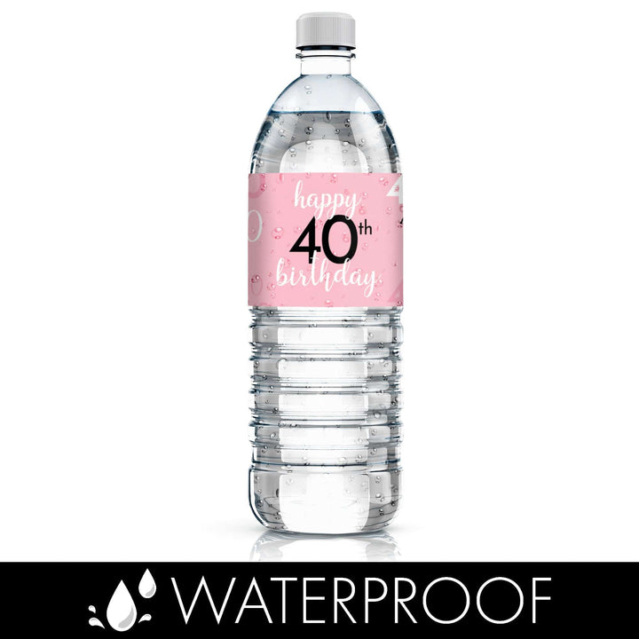 40th Birthday: Pink and Black - Adult Birthday - Water Bottle Label Stickers - 24 Waterproof Stickers - Distinctivs Party