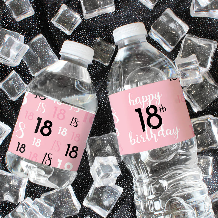 18.º cumpleaños: rosa y negro - Cumpleaños de adultos - Etiquetas adhesivas para botellas de agua - 24 pegatinas impermeables