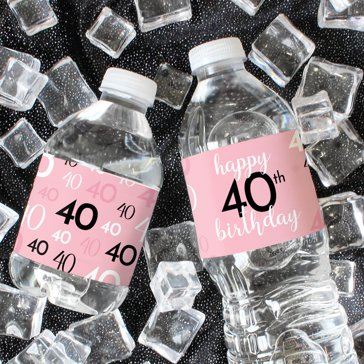 40 cumpleaños: rosa y negro - Cumpleaños de adultos - Etiquetas adhesivas para botellas de agua - 24 pegatinas impermeables
