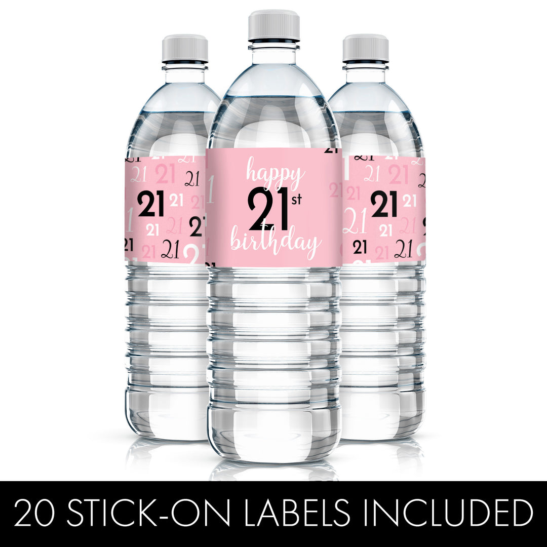 21st Birthday: Pink and Black - Adult Birthday - Water Bottle Label Stickers - 20 Waterproof Stickers