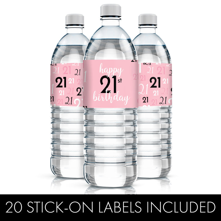 21st Birthday: Pink and Black - Adult Birthday - Water Bottle Label Stickers - 20 Waterproof Stickers