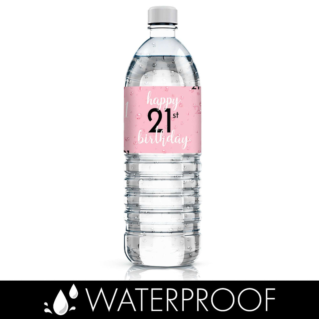 21st Birthday: Pink and Black - Adult Birthday - Water Bottle Label Stickers - 24 Waterproof Stickers - Distinctivs Party