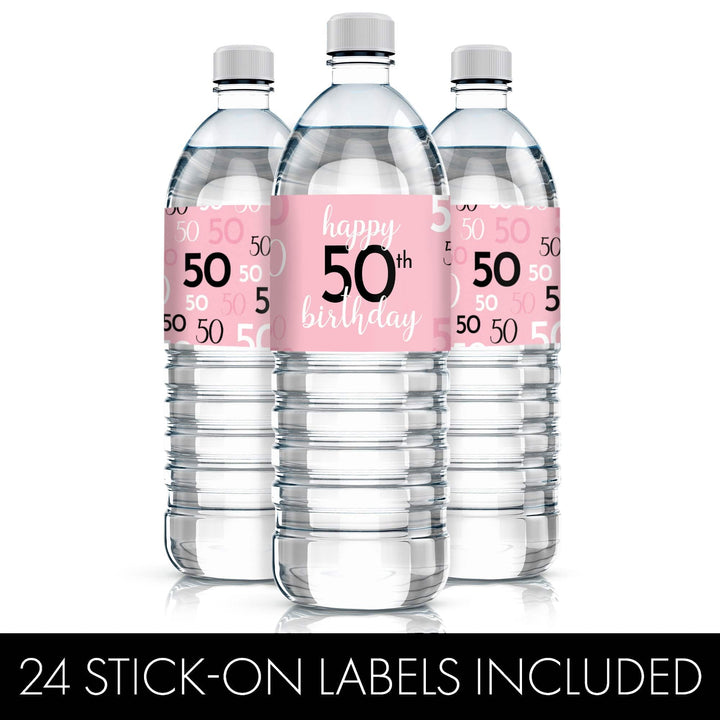 50th Birthday: Pink and Black - Adult Birthday - Water Bottle Label Stickers - 24 Waterproof Stickers - Distinctivs Party