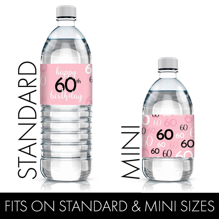 60th Birthday: Pink and Gold - Adult Birthday -  Water Bottle Label Stickers - 24 Waterproof Stickers - Distinctivs Party