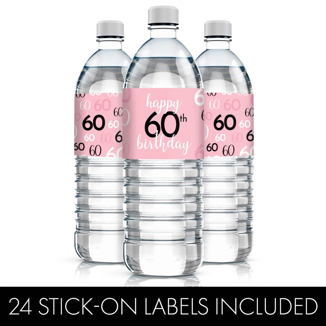 60th Birthday: Pink and Gold - Adult Birthday -  Water Bottle Label Stickers - 24 Waterproof Stickers - Distinctivs Party