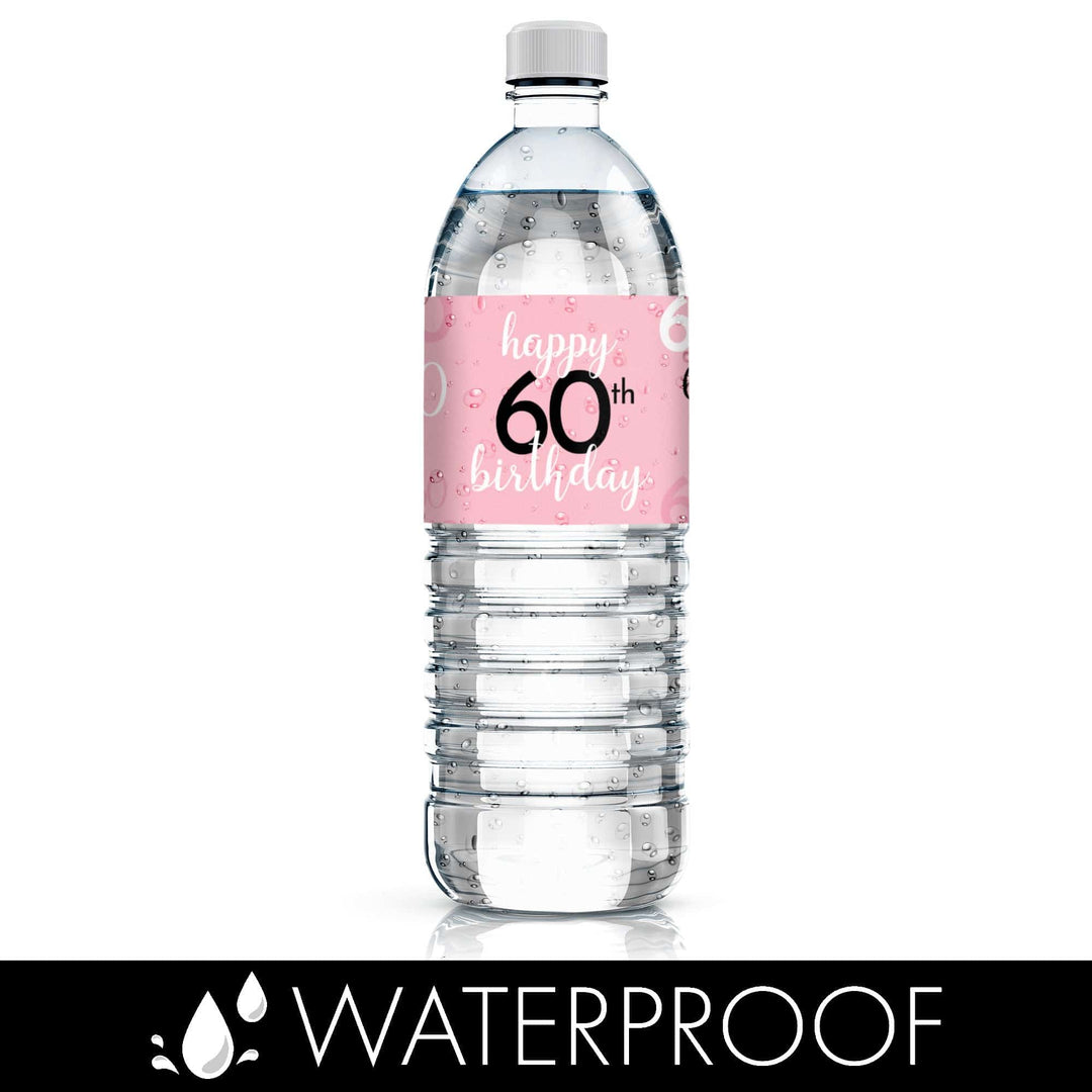 60th Birthday: Pink and Gold - Adult Birthday -  Water Bottle Label Stickers - 24 Waterproof Stickers - Distinctivs Party