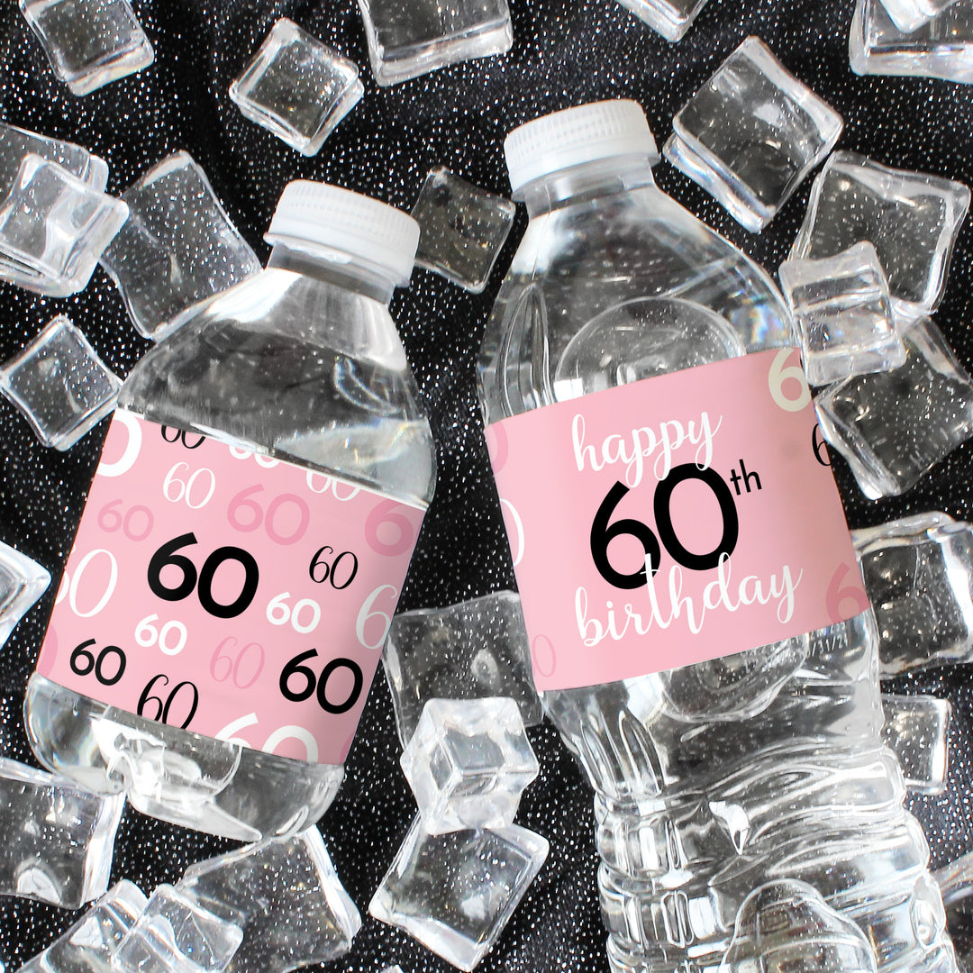 60.º cumpleaños: rosa y dorado - Cumpleaños de adultos - Etiquetas adhesivas para botellas de agua - 24 pegatinas impermeables