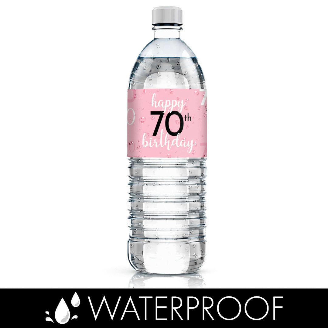 70th Birthday: Pink and Black - Adult Birthday - Water Bottle Label Stickers - 24 Waterproof Stickers - Distinctivs Party