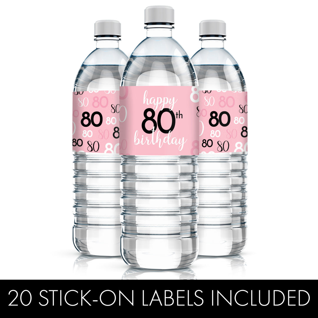 80th Birthday: Pink and Black - Adult Birthday - 20 Water Bottle Labels