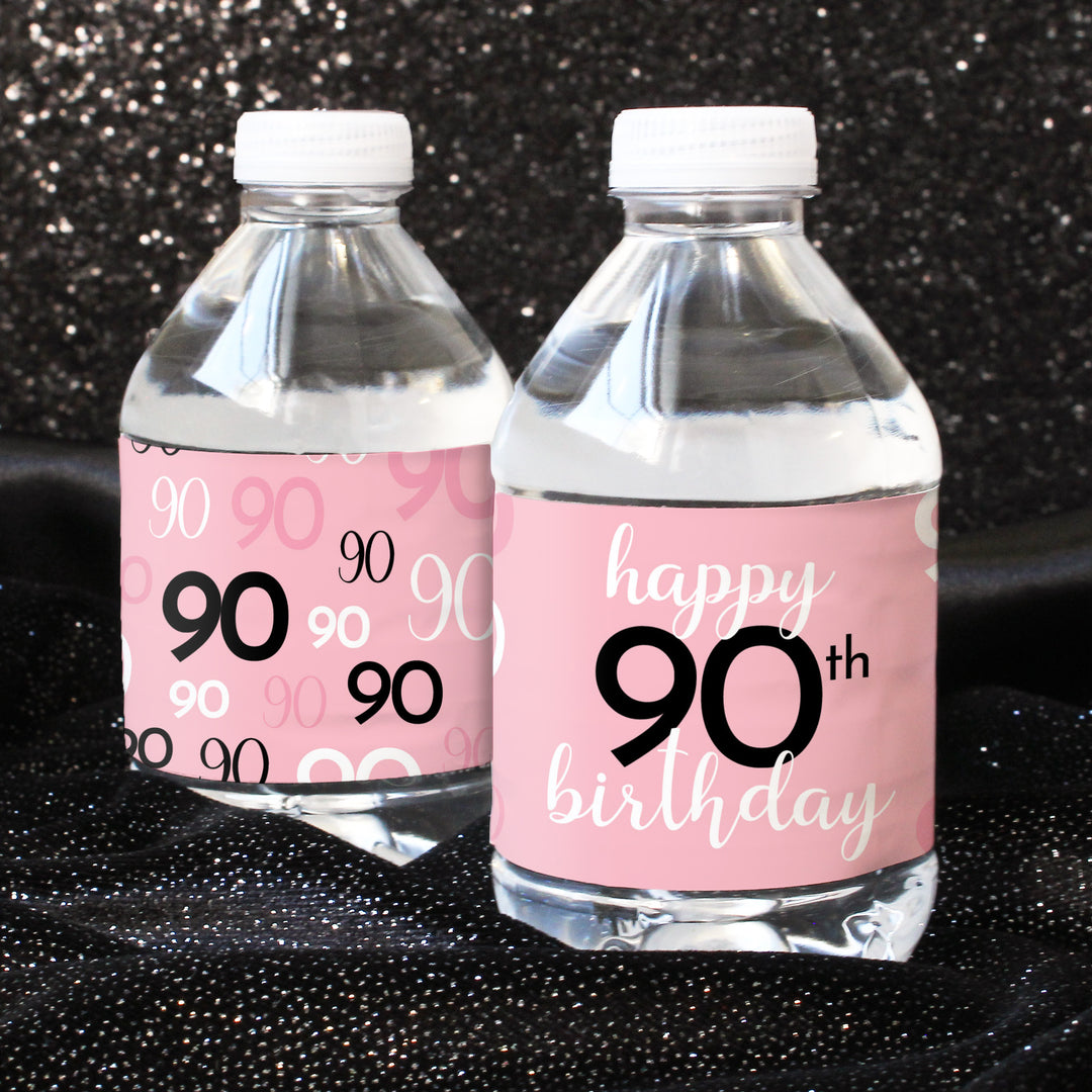 90.º cumpleaños: rosa y negro - Cumpleaños de adultos - Etiquetas adhesivas para botellas de agua - 24 pegatinas impermeables