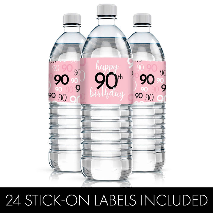 90th Birthday: Pink and Black - Adult Birthday - Water Bottle Label Stickers - 24 Waterproof Stickers - Distinctivs Party