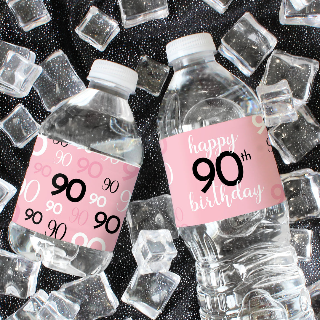 90th Birthday: Pink and Black - Adult Birthday - Water Bottle Label Stickers - 24 Waterproof Stickers