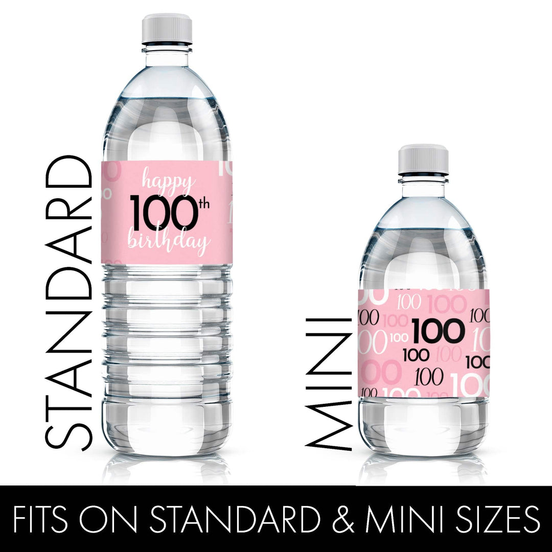 100th Birthday: Pink and Black - Adult Birthday - Water Bottle Label Stickers - 24 Waterproof Stickers - Distinctivs Party