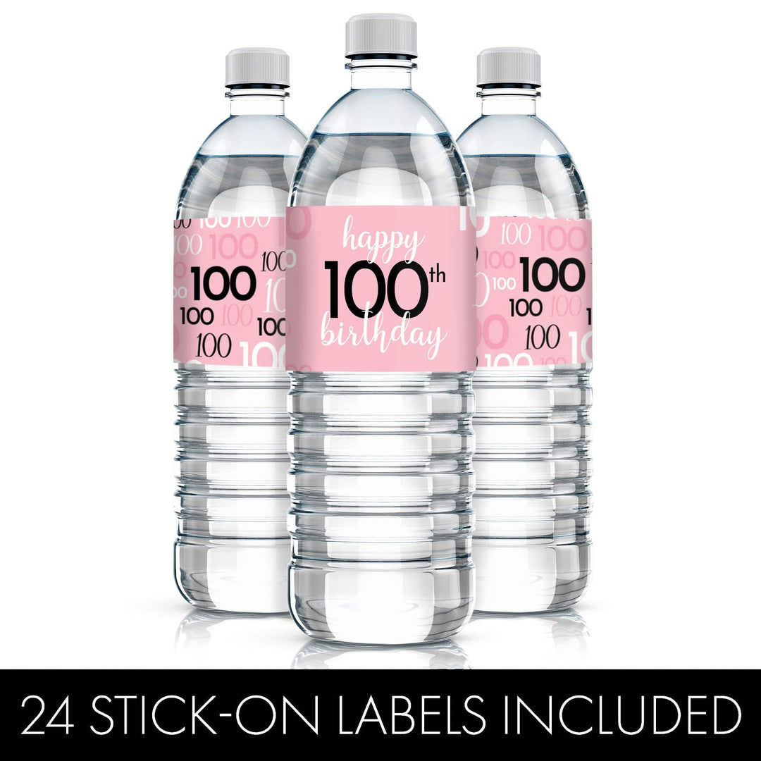 100th Birthday: Pink and Black - Adult Birthday - Water Bottle Label Stickers - 24 Waterproof Stickers - Distinctivs Party