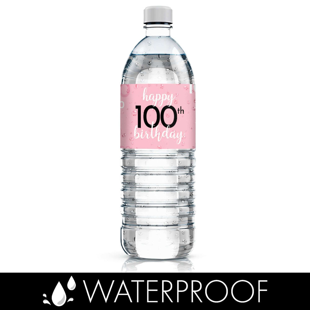 100th Birthday: Pink and Black - Adult Birthday - Water Bottle Label Stickers - 24 Waterproof Stickers - Distinctivs Party