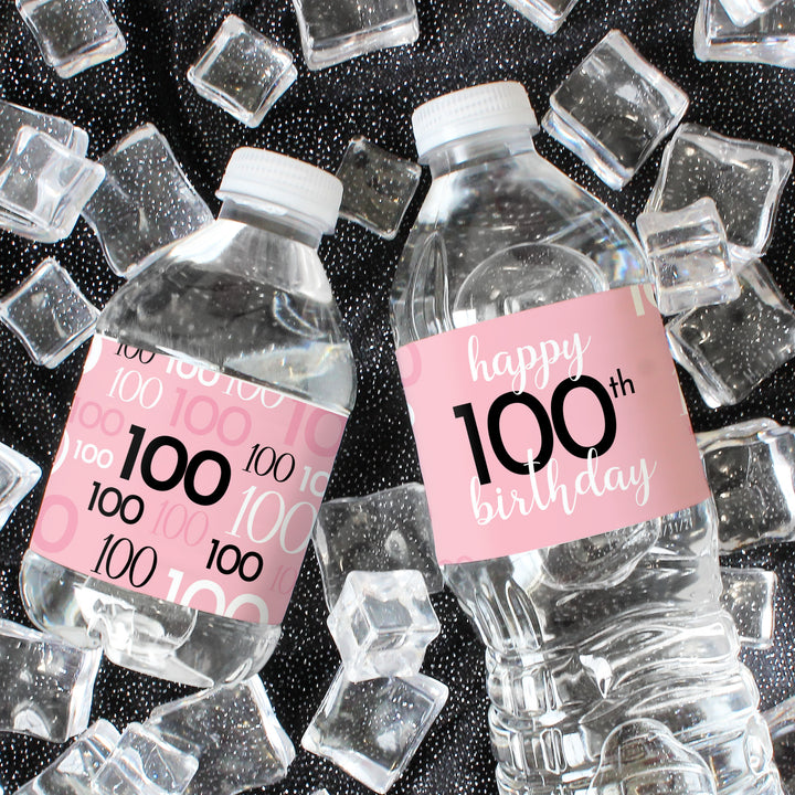 100th Birthday: Pink and Black - Adult Birthday - Water Bottle Label Stickers - 24 Waterproof Stickers