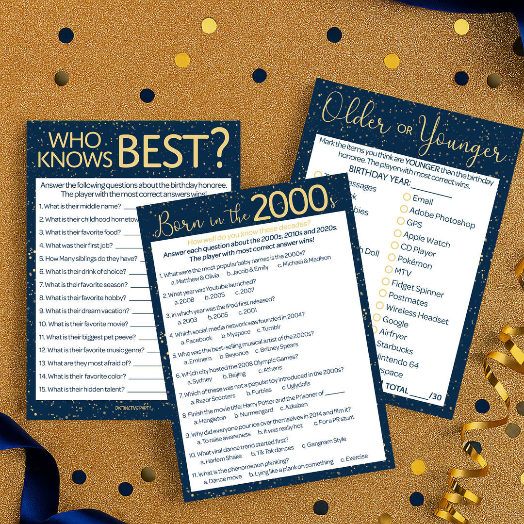 Born in The 2000s: Navy Blue & Gold - 18th & 21st Birthday Party Game Bundle - 3 Games for 20 Guests
