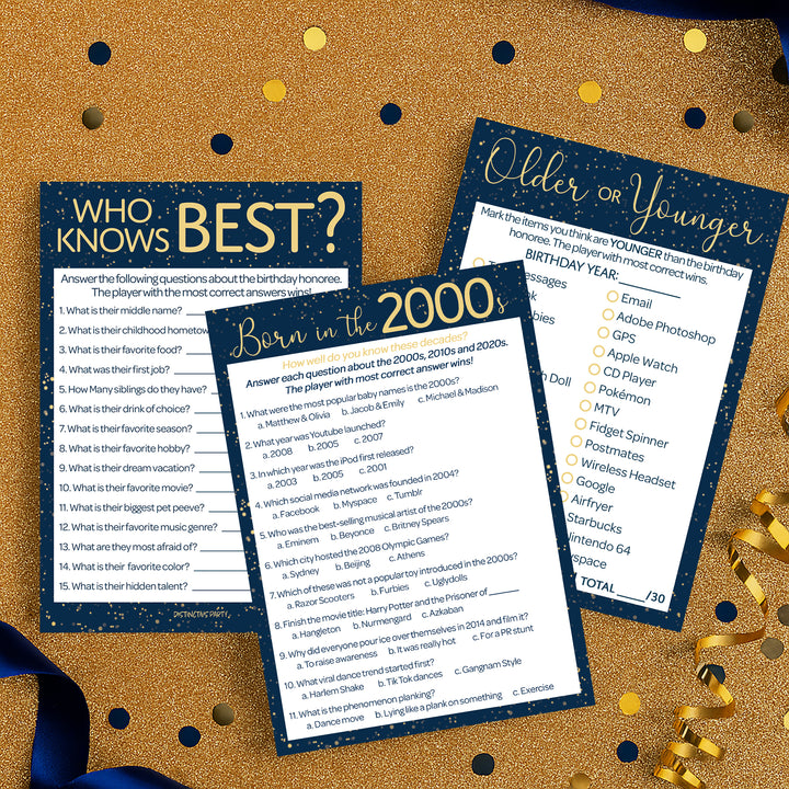 Born in The 2000s: Navy Blue & Gold - 18th & 21st Birthday Party Game Bundle - 3 Games for 20 Guests