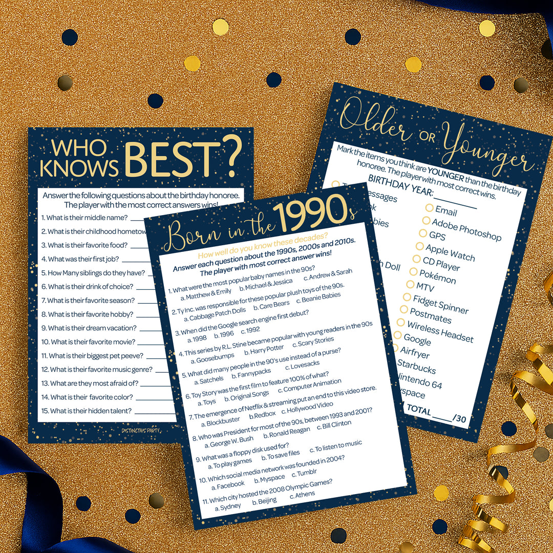 Born in The 1990s: Navy Blue & Gold - 30th & 35th Birthday Party Game Bundle - 3 Games for 20 Guests
