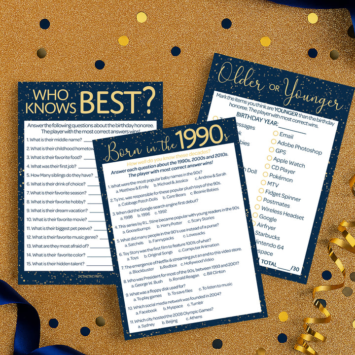 Born in The 1990s: Navy Blue & Gold - 30th & 35th Birthday Party Game Bundle - 3 Games for 20 Guests