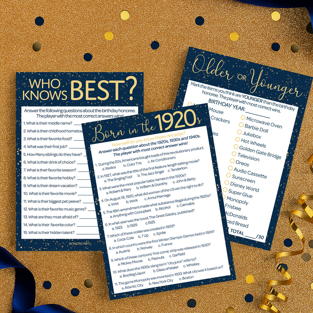 Born in The 1920s:  Navy Blue & Gold - 100th or 105th Birthday Party Game Bundle - 3 Games for 20 Guests