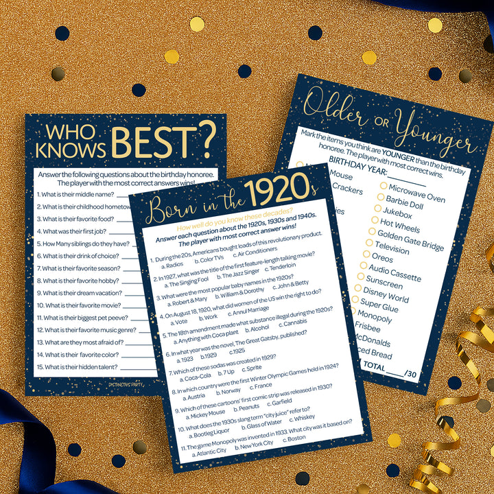 Born in The 1920s:  Navy Blue & Gold - 100th or 105th Birthday Party Game Bundle - 3 Games for 20 Guests