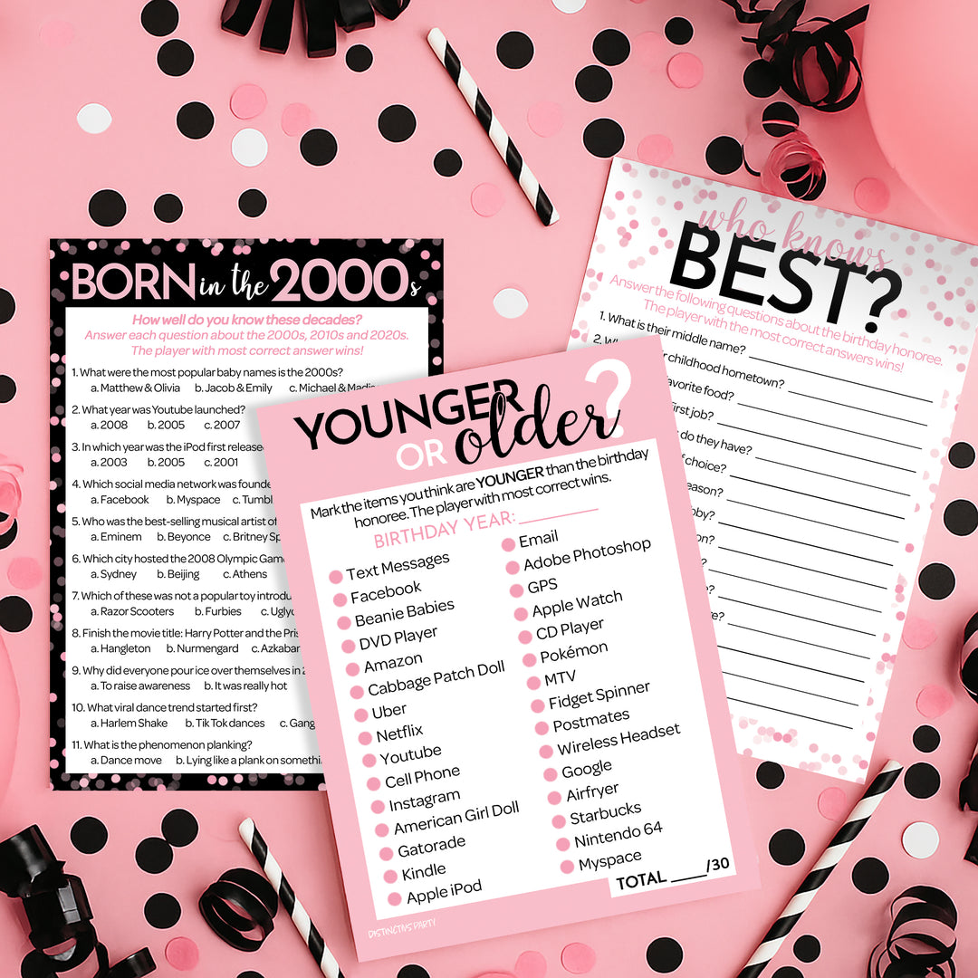 Born in The 2000s Pink & Black - 18th, 21st Birthday Party Game Bundle - 3 Games for 20 Guests