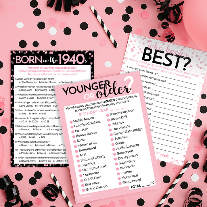 Born in The 1940s Pink & Black Birthday - 85th, 80th Birthday Party Game Bundle - 3 Games for 20 Guests