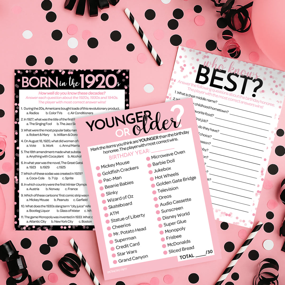 Born in The 1920s Pink - 100th or 105th Birthday Party Game Bundle - 3 Games for 20 Guests