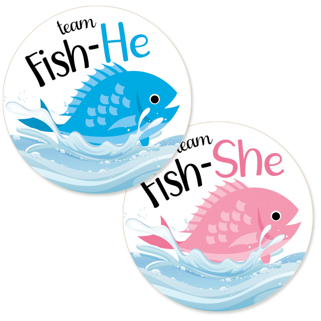 Fiesta de revelación de género de bebé de pesca, pegatinas del equipo Fish-He o Fish-She - 40 pegatinas