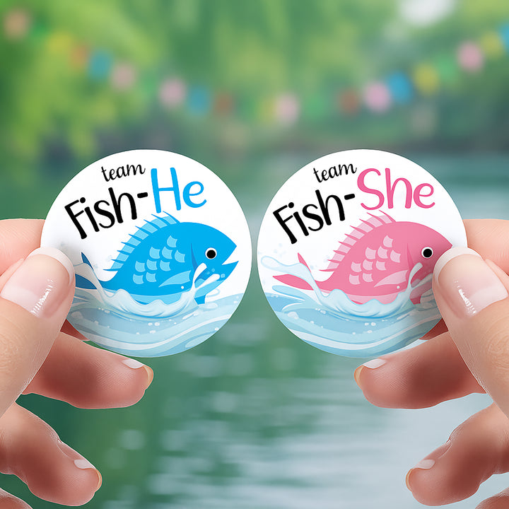 Fiesta de revelación de género de bebé de pesca, pegatinas del equipo Fish-He o Fish-She - 40 pegatinas