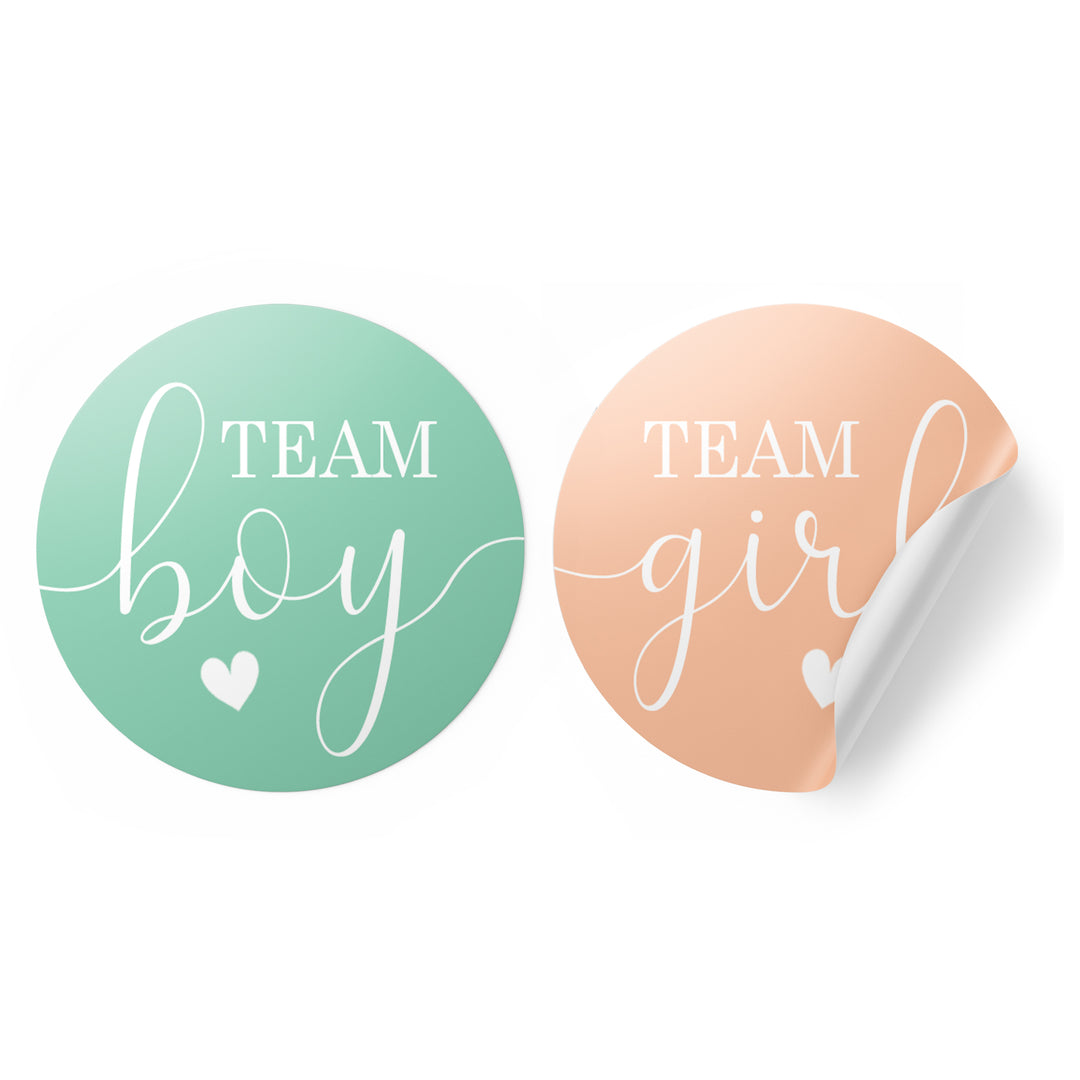 Gender Reveal Party: Mint and Peach - Team Boy or Team Girl Stickers - 40 Stickers - Distinctivs Party