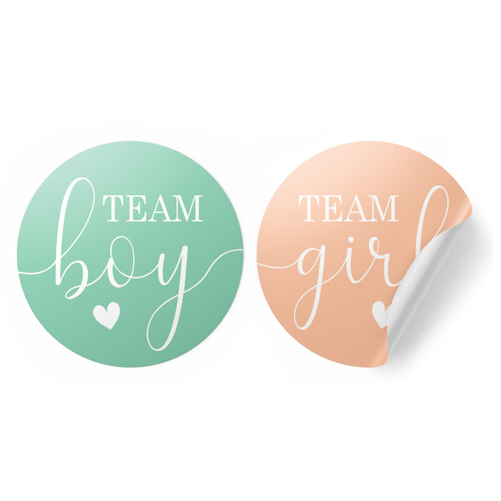 Gender Reveal Party: Mint and Peach - Team Boy or Team Girl Stickers - 40 Stickers - Distinctivs Party