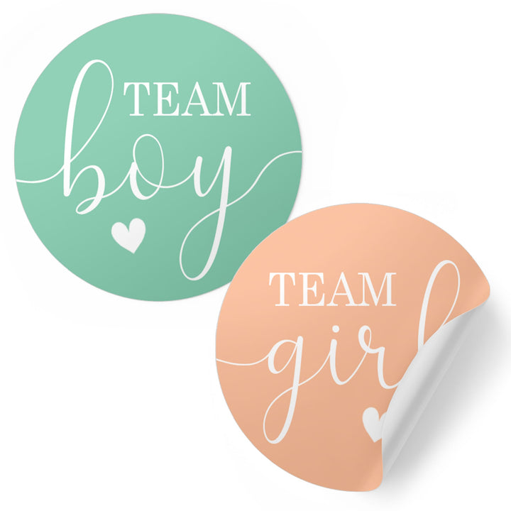 Peach and Mint Gender Reveal Party Stickers – Team Boy or Team Girl – 40 Pack (1.75" Round)
