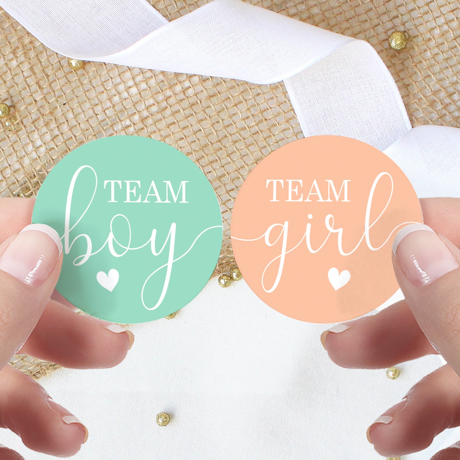 Gender Reveal Party: Mint and Peach - Team Boy or Team Girl Stickers - 40 Stickers - Distinctivs Party