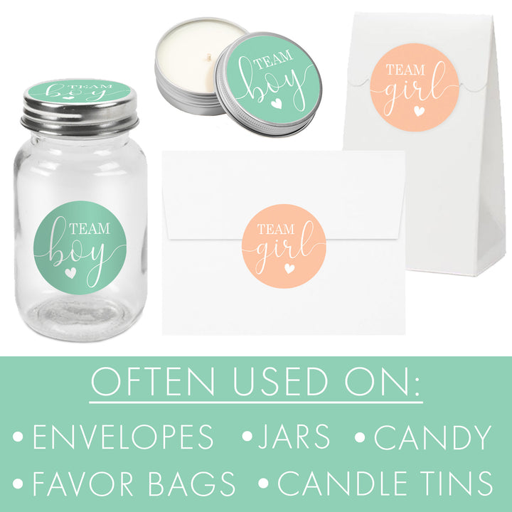Gender Reveal Party: Mint and Peach - Team Boy or Team Girl Stickers - 40 Stickers - Distinctivs Party