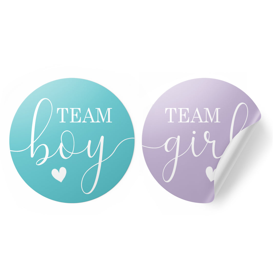 Gender Reveal Party: Purple and Teal - Team Boy or Team Girl Stickers - 40 Stickers - Distinctivs Party
