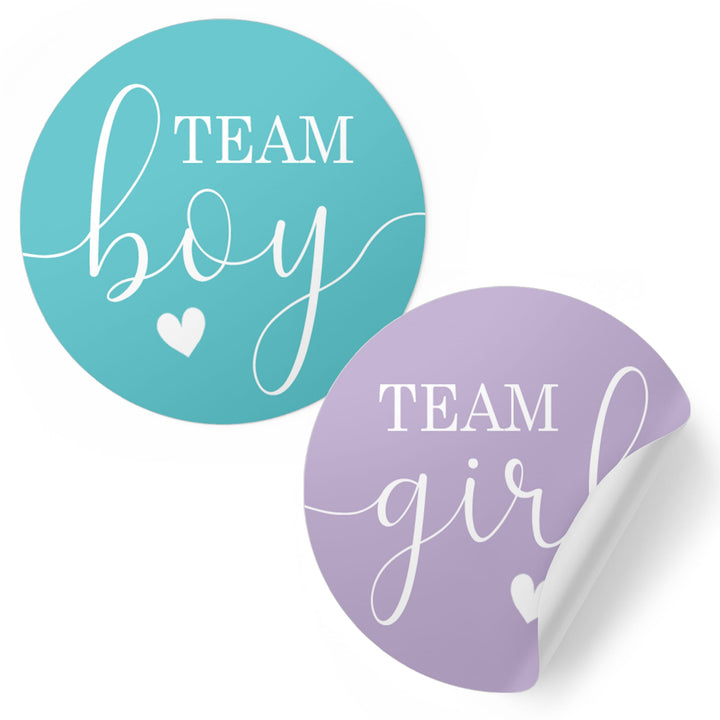 Purple and Teal Gender Reveal Party Stickers – Team Boy or Team Girl – 40 Pack (1.75" Round)