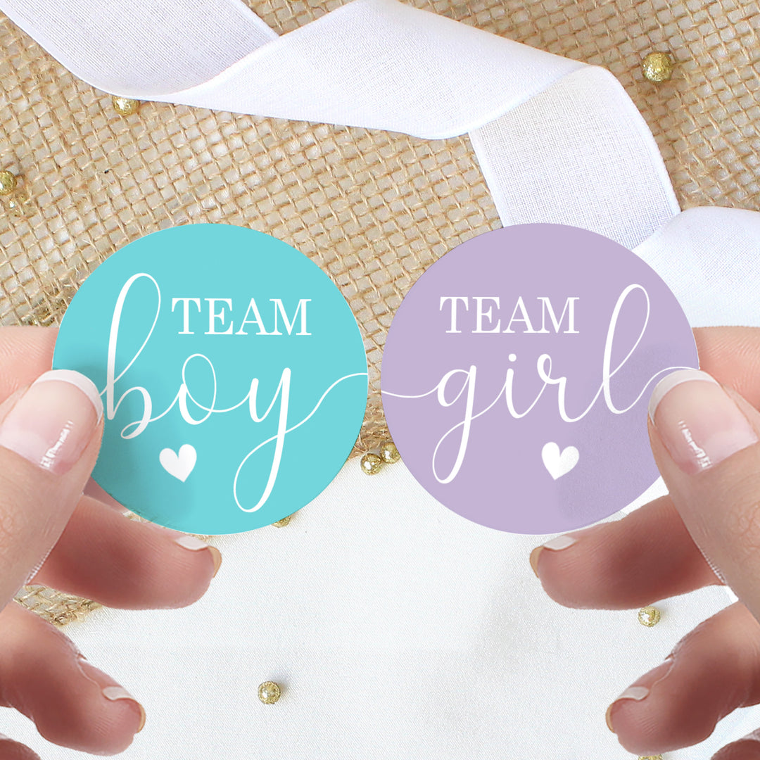 Gender Reveal Party: Purple and Teal - Team Boy or Team Girl Stickers - 40 Stickers - Distinctivs Party