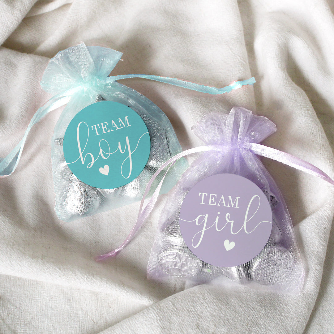 Gender Reveal Party: Purple and Teal - Team Boy or Team Girl Stickers - 40 Stickers - Distinctivs Party