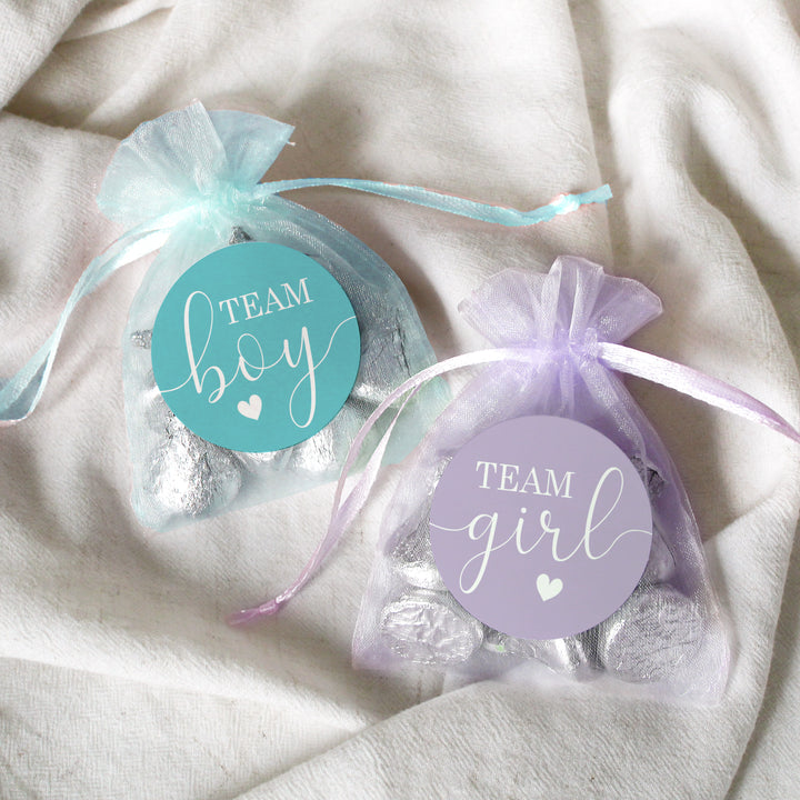 Gender Reveal Party: Purple and Teal - Team Boy or Team Girl Stickers - 40 Stickers - Distinctivs Party