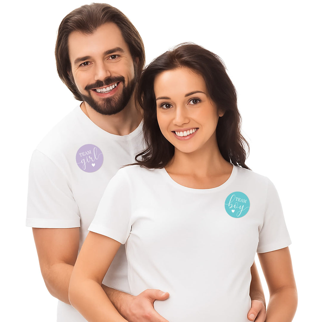 Purple and Teal Gender Reveal Party Stickers – Team Boy or Team Girl – 40 Pack (1.75" Round)