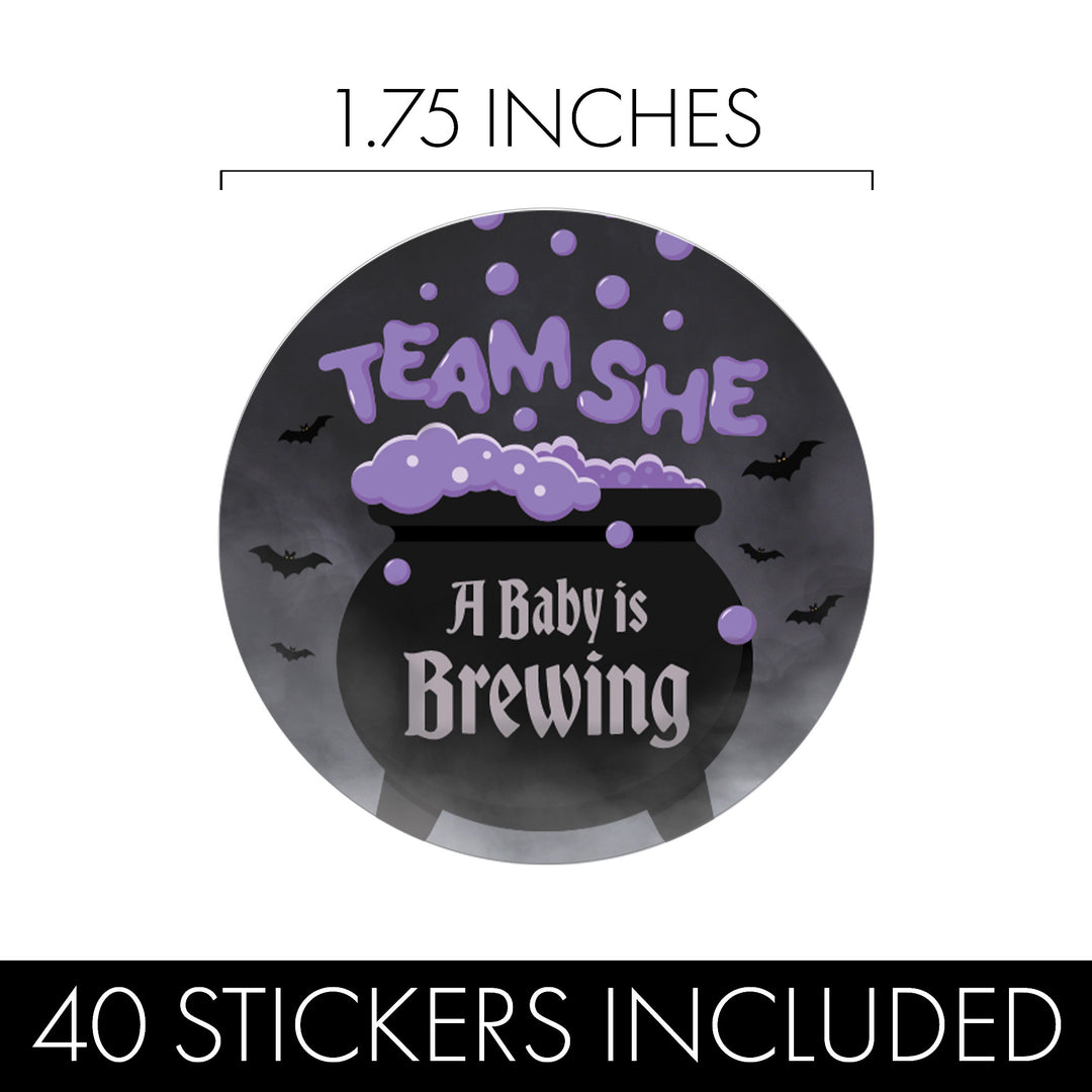 Halloween Gender Reveal Party: Purple and Green Baby is Brewing- Baby Shower - Team He or Team She Voting - 40 Stickers - Distinctivs Party