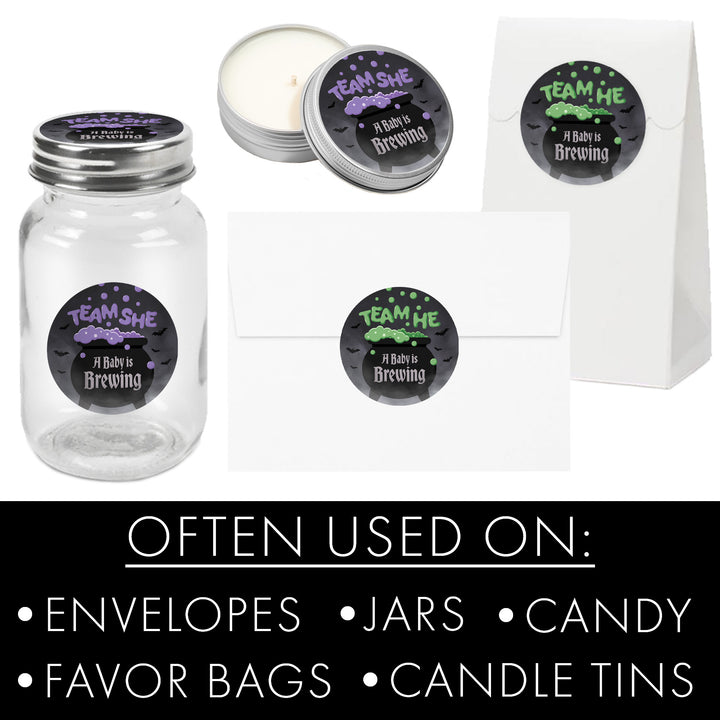 Halloween Gender Reveal Party: Purple and Green Baby is Brewing- Baby Shower - Team He or Team She Voting - 40 Stickers - Distinctivs Party