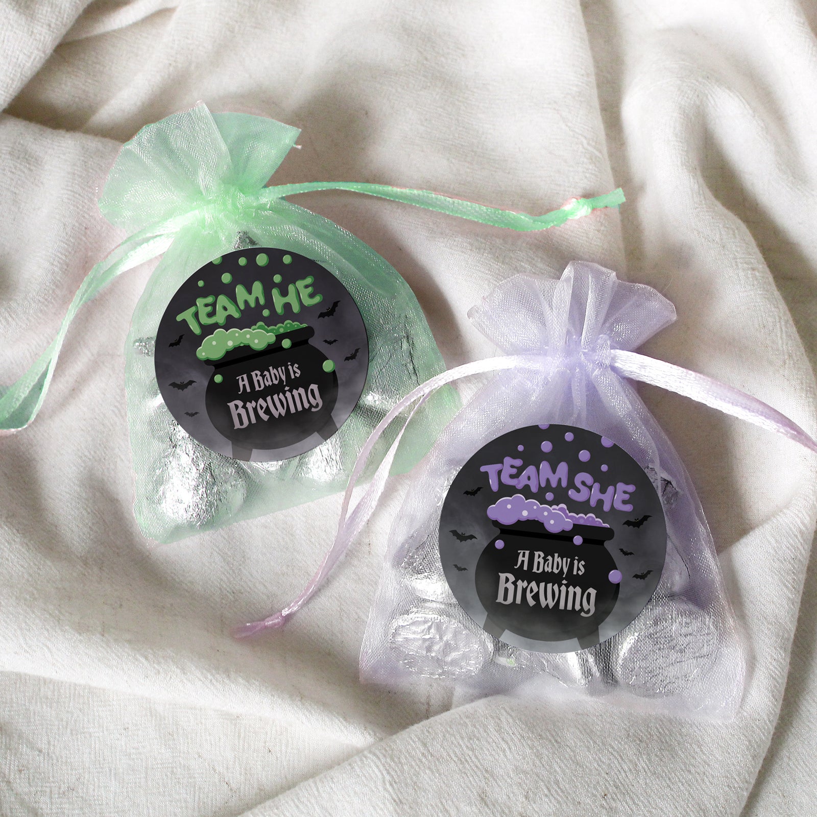 Halloween Gender Reveal Party: Purple and Green Baby is Brewing- Baby Shower - Team He or Team She Voting - 40 Stickers - Distinctivs Party