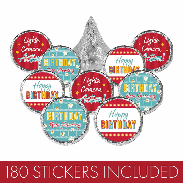 Movie Night: Kid's Birthday - Party Favor Stickers- Fits on Hershey's Kisses - 180 Stickers