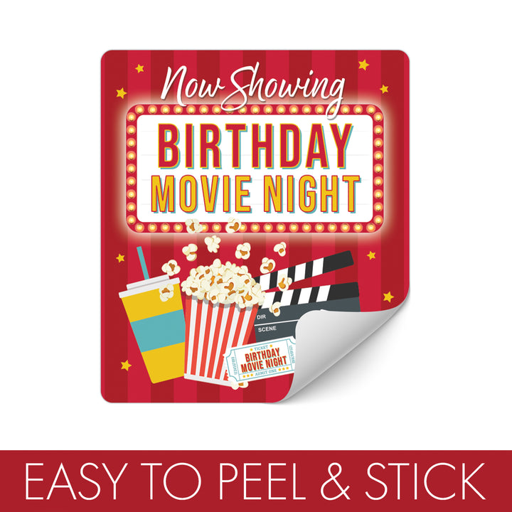Noche de cine: cumpleaños infantil - Pegatinas para bolsas de patatas fritas, palomitas de maíz o bolsas de refrigerios - 32 pegatinas