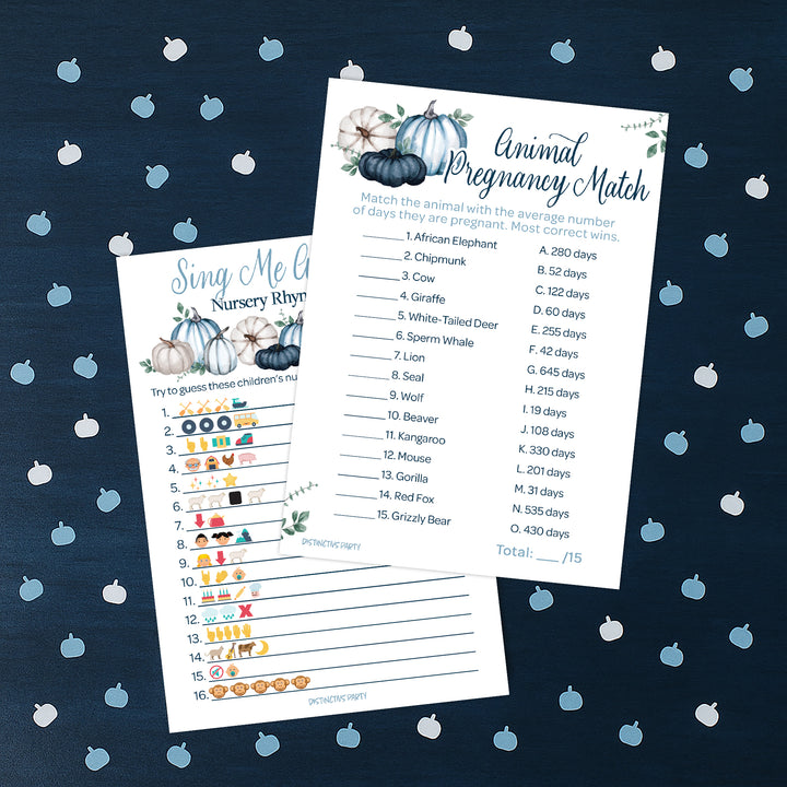 Little Pumpkin: Blue - Paquete de juegos para baby shower - Cántame un partido de embarazo de emoji y animal - Juego de 2 caras - Otoño, niño - 20 cartas
